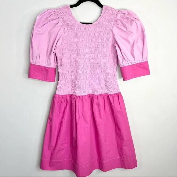 NWT GANNI COLOUR BLOCK Organic COTTON POPLIN SMOCKED MINI DRESS IN PHLOX PINK 38 - Picture 3 of 17